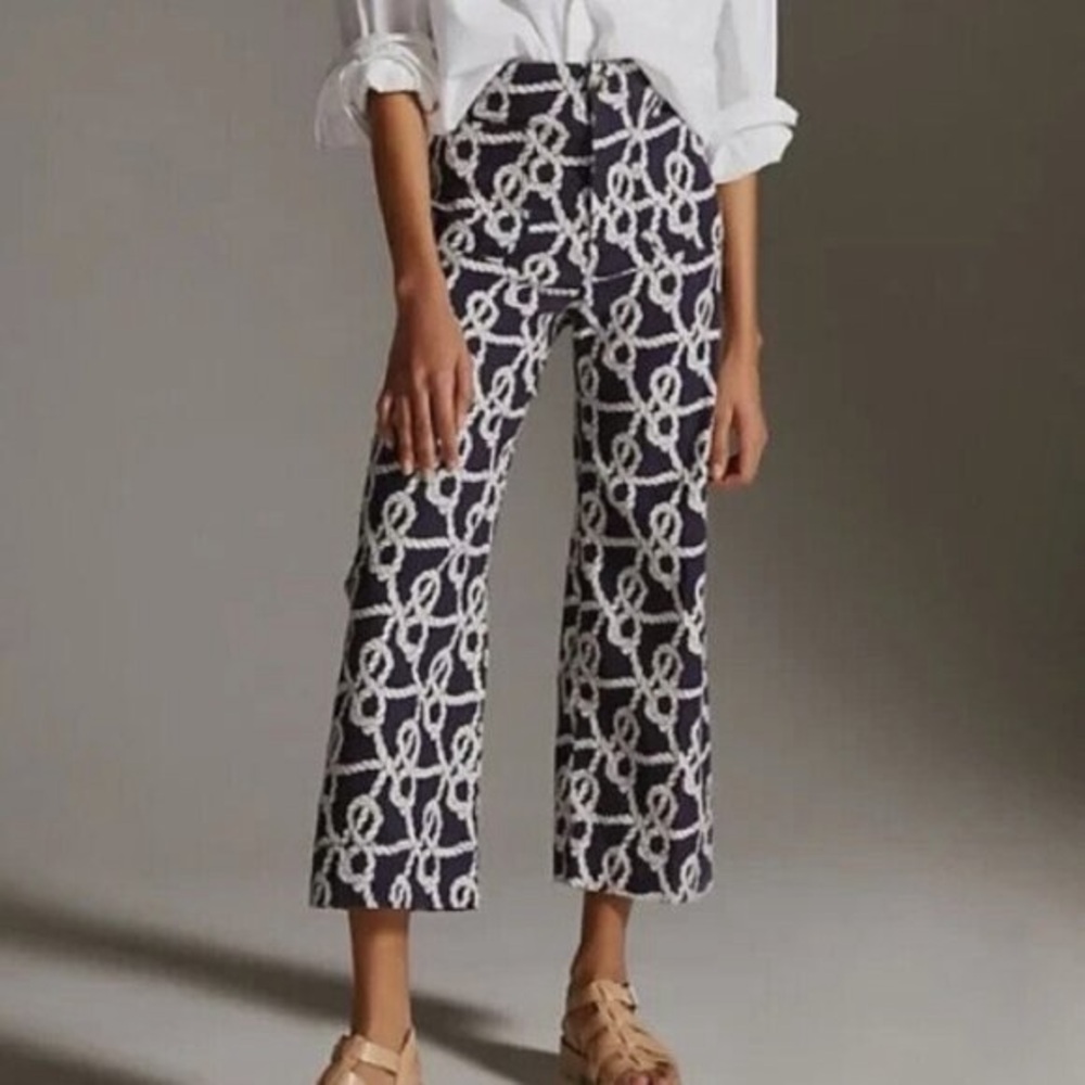 Anthropologie Navy and White Rope-Print Cropped Pants